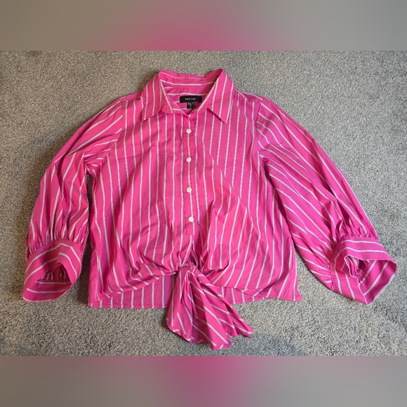 Karen Kane Tie Front Balloon Sleeve Stripes  Top Pink White Blue Sz Medium - Picture 2 of 10